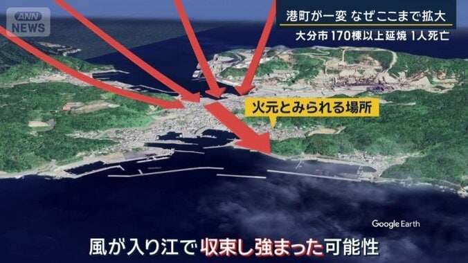 風が入江で収束して強まった可能性