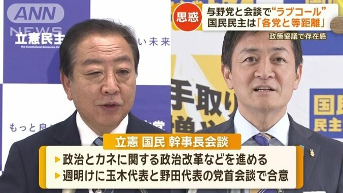 立憲・野田佳彦代表（左）と国民・玉木雄一郎代表（右）