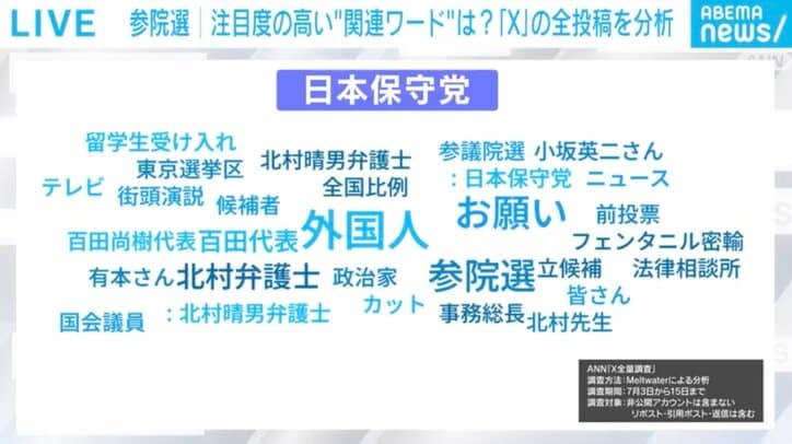 「日本保守党」と共に投稿されたワード(7月3日〜15日)