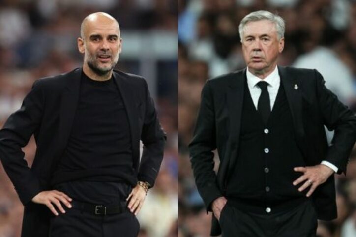 (左)ジョゼップ・グアルディオラ監督と(右)カルロ・アンチェロッティ監督
