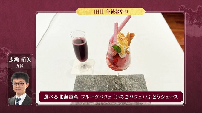 永瀬拓矢九段が注文した「選べる北海道産フルーツパフェ（いちご）」、「ぶどうジュース」