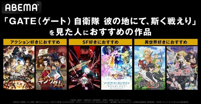 『GATE』『進撃の巨人 Season 2』『ワートリ2nd』など一挙放送！SFバトル・アクションアニメ特集企画、ABEMAにて開催 3枚目