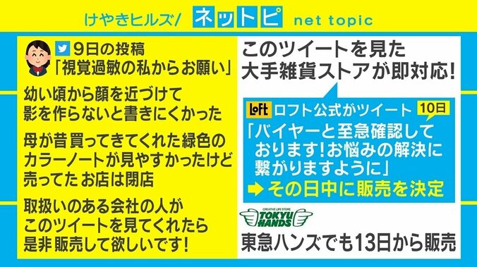 「グリーンノートを販売してほしい」視覚過敏を抱える女子高生の訴えに企業が即反応 3枚目