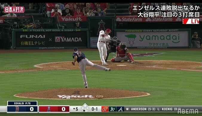 大谷翔平、苦手投手からハードヒット！ ライト前に運び5試合連続安打を記録「これよこれ」「よっしゃいい当たり」 1枚目