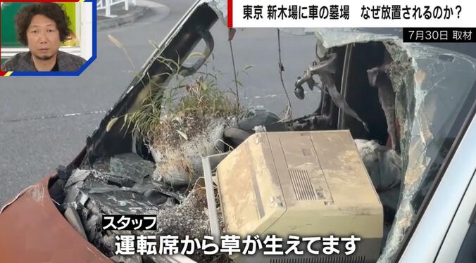 ゴミだらけで草も生えている放置車両（東京・新木場）