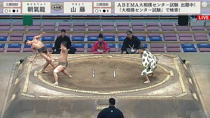 細身力士、懸命の粘りも土俵下へダイブ 館内もざわつく豪快“カエルジャンプ”でもケガなし 1枚目