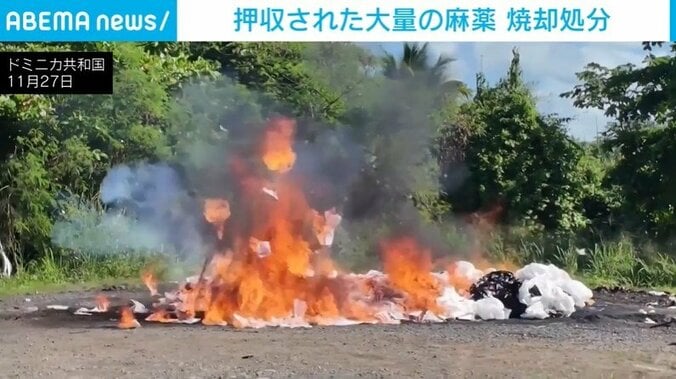 押収された大量の麻薬が燃える様子