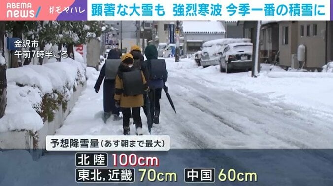 雪の上を歩く子どもら