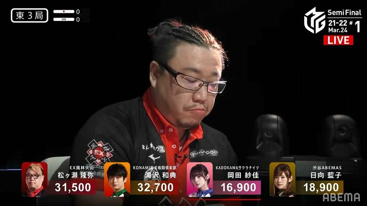 北に愛された男 松ヶ瀬隆弥、3局連続「北」暗刻が手牌に 奇跡的確率に「さすが道産子だべさ!!」/麻雀・Mリーグ