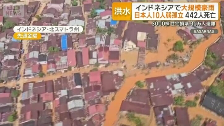 スマトラ島北部を中心に相次ぐ洪水や土砂崩れ