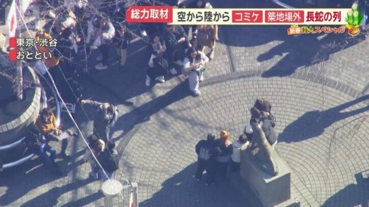 ハチ公前で記念撮影をしている人たち