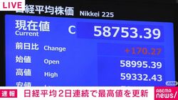 日経平均2日連続で最高値を更新