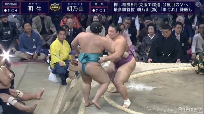 年間最多勝に一歩前進 朝乃山、明生を寄り切って勝ち越し決める 1枚目