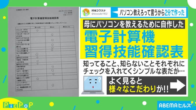 これは“ぐう有能！”母のために2分で作成した『電子計算機習得技能確認表』が話題 1枚目