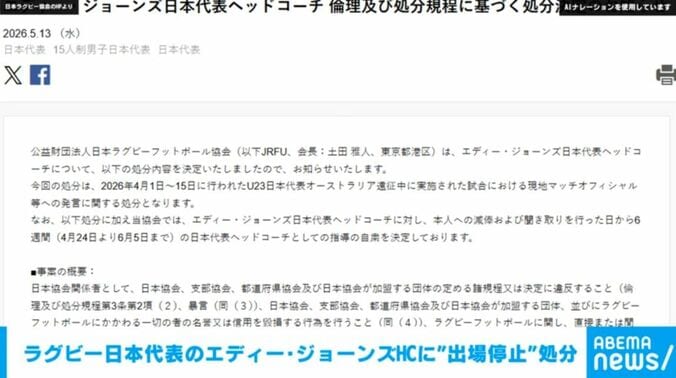 日本ラグビー協会からの発表