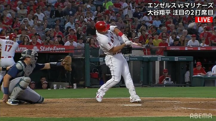 大谷翔平の眼前で驚愕の一発 MLBの至宝・トラウト、異次元パワーで今季22号は“腕が曲がったまま弾”