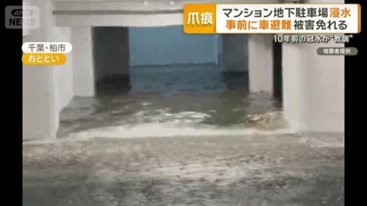 建物の地下へと流れ込む雨水