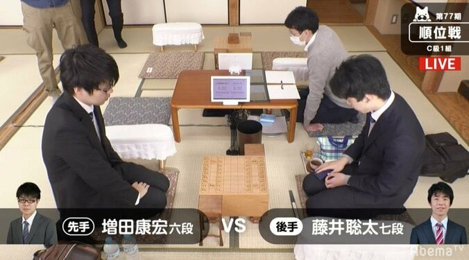 3度目の東西天才対決　藤井聡太七段、順位戦全勝更新なるか？増田康宏六段と対局中／将棋・順位戦C級1組 1枚目