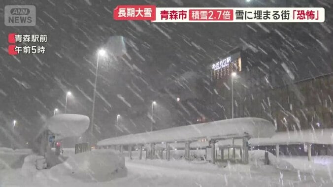 雪が激しく吹き付ける青森駅前