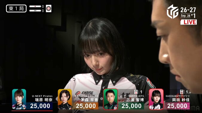 岡田紗佳、アガリ牌を使われ「ちぇっ」な顔