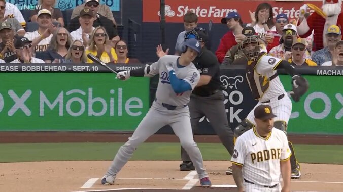 ガッツポーズで立ち上がり見切れてしまうサンタコスのファン（写真右上）