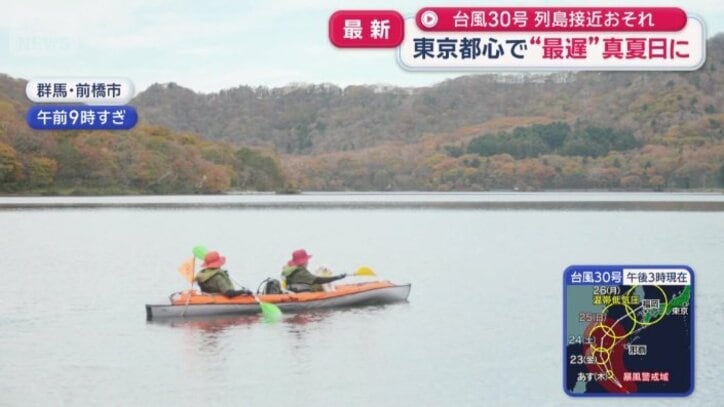 湖から紅葉を見る人も