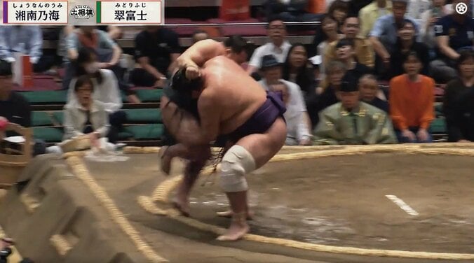 「えぇ!」一体、何が? 土俵を割った力士に軍配で館内騒然 直後のアナウンスに「あぁ!」納得の声 「こんな熱戦にこんなオチが」の反応も 4枚目