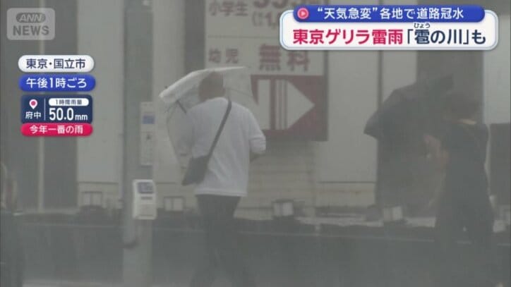 傘を盾のようにして歩く人の姿も