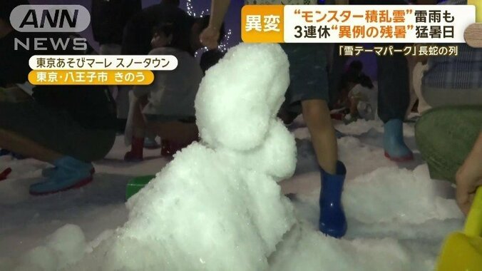 季節外れの雪を楽しむ客