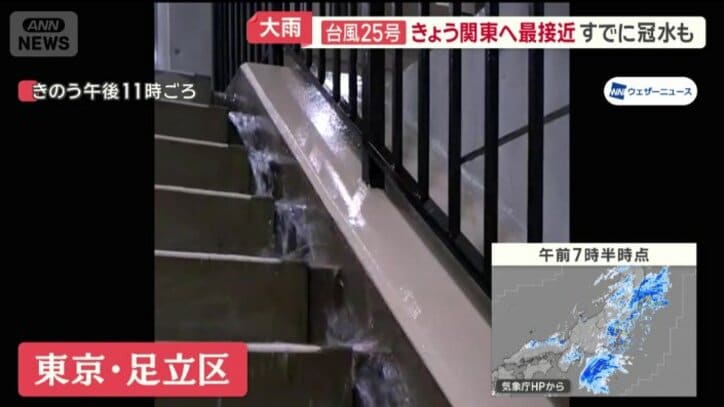 階段から滝のように水が流れる