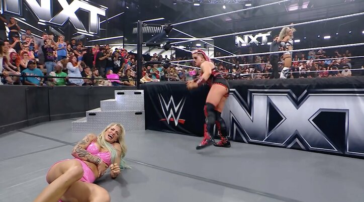 【映像】美女レスラー悶絶…凶暴パートナーが“誤爆タックル”