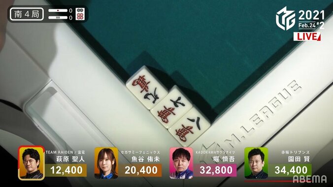 “魔法の鳴き”でまさかの結末 園田賢、トップを逃がすチーに苦悶「あれは鳴くんです！」／麻雀・Mリーグ 2枚目