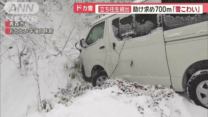 ワンボックス車が、道路脇にフロント部分がめり込む形で止まっていた