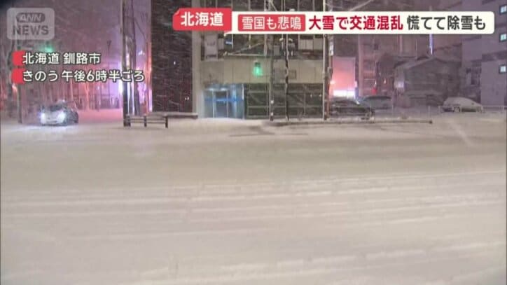 積雪で全く見えなくなった釧路市内の横断歩道