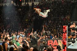 「鳥人間！」衝撃の跳躍力に実況驚き 一歩間違えば…の場外ダイブに騒然