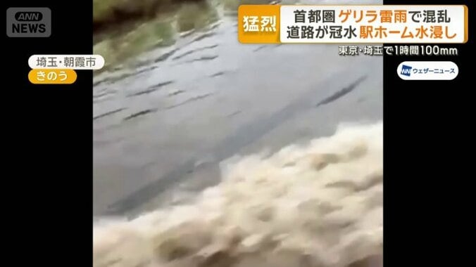 縁石がほとんど見えなくなるほどの水位