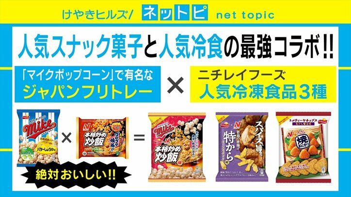 炒飯味のポップコーンに唐揚げ味のスナック!? 人気スナック菓子と人気冷凍食品が異色のコラボ