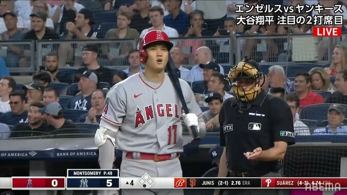 大谷翔平、低めいっぱいのストライク判定に「ノー」と首フリフリ・不満顔 ファンも「キツイなこれ」 1枚目