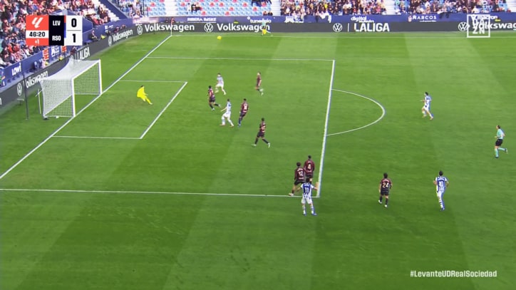 クロスは相手に当たって難しい軌道に