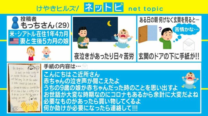 「赤ちゃんの声が…」コロナが猛威を奮うアメリカで起きた"隣人とのエピソード"に全米ほっこり