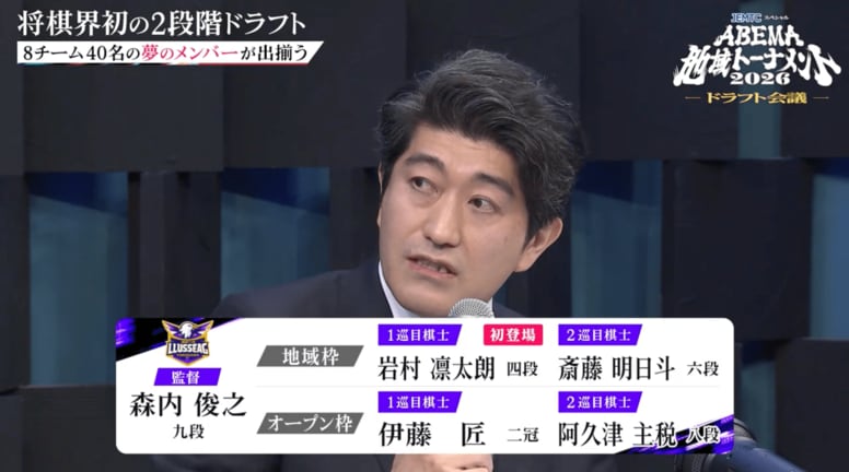 森内俊之九段が“剛腕”発揮！伊藤匠二冠をくじ引きで引き当て「運が良かった」鉄板流の大物ゲットにどよめき／将棋・ABEMA地域トーナメント2026