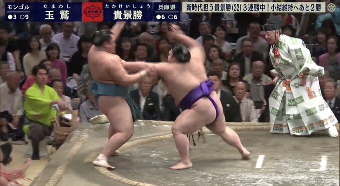 小結対決は貴景勝が圧勝！　玉鷲を一気の突き出しで7勝目　錣山親方「やはり前に出ることが大事」 1枚目