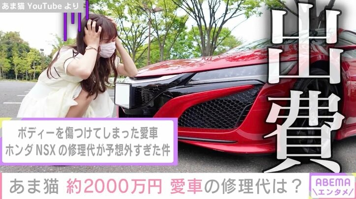 2000万円超の高級スポーツカー・ホンダNSXに傷 YouTuber・あま猫、高額な修理代を公表 ファンからは「痛い出費だね。今回は勉強代かな」「車高低い車、あるある」の声
