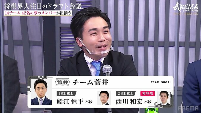 楽しさ全開！菅井竜也八段、尊敬する先輩棋士2人獲得にニッコニコ「総合的に見たらめちゃ弱い」「自分が勝つのが絶対条件」／将棋・ABEMAトーナメント 1枚目