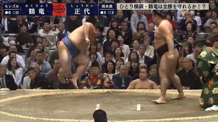 一人横綱・鶴竜、土俵際で身をかわして全勝を死守
