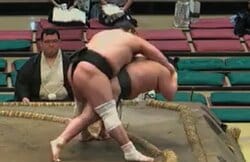 土俵際で“ヒヤリ”の一本背負い 投げは決まるも…勝った力士が投げられ土俵下へ転落