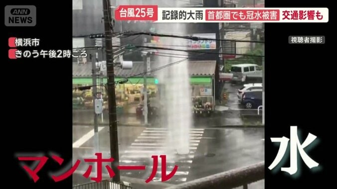 建物の3階に届くほどの高さまで吹き上がる水