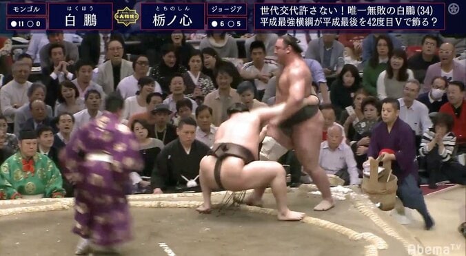 白鵬に死角なし！　カド番大関・栃ノ心と胸を合わせても圧勝、寄り切りで全勝守る 1枚目