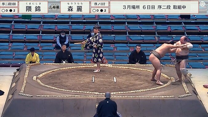 土俵下に転落した森麗