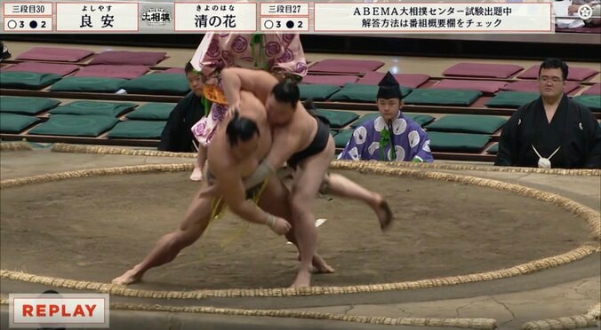 「腕危なかったな」行司軍配も差し違った“驚異の突き落とし”に館内どよめく 物凄い体勢で転落も勝利「すごいな着地」驚きの声 2枚目